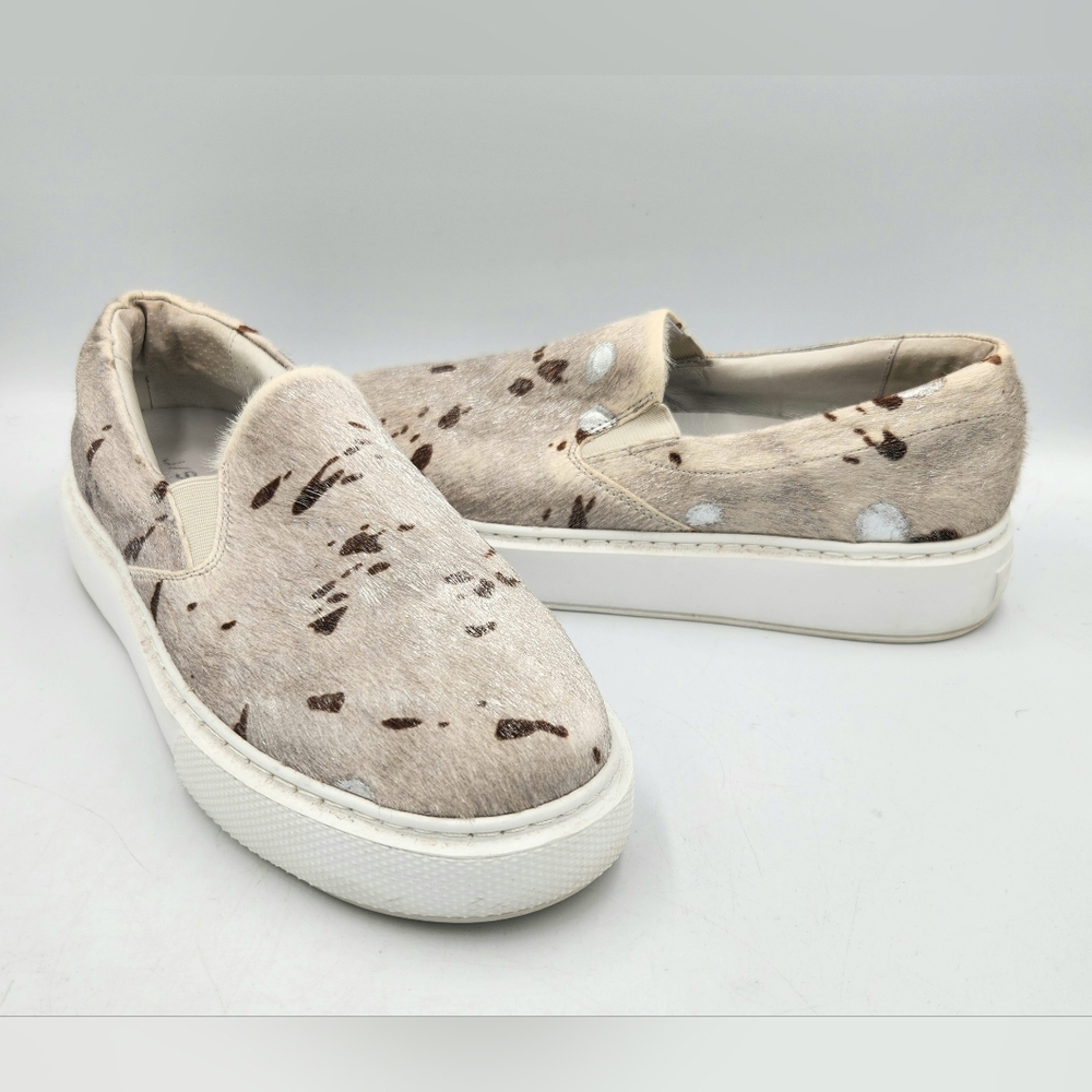 J Slides Calf Fur Leather Cow Print Platform Sneaker Womens 8 Beige Silver Brown